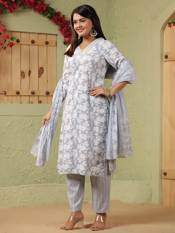 Grey floral printed silk kurti set with printed dupatta