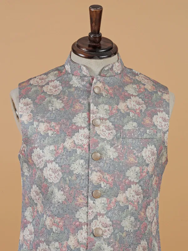 Grey floral printed silk waistcoat