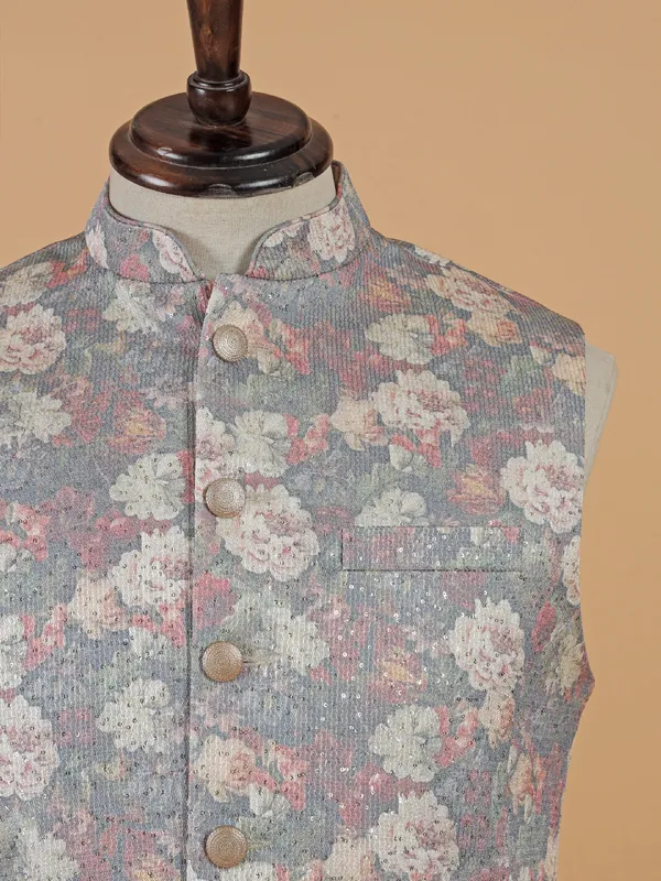 Grey floral printed silk waistcoat