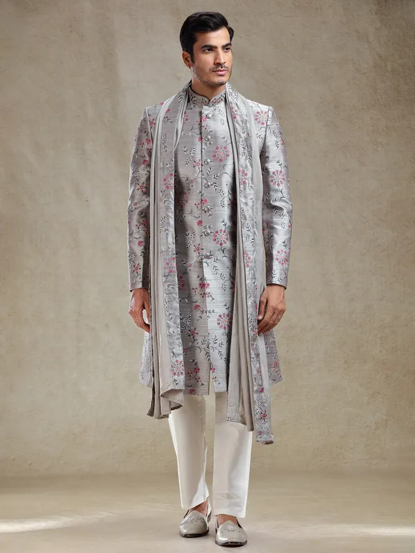 Grey flower embroidery pattern sherwani for wedding