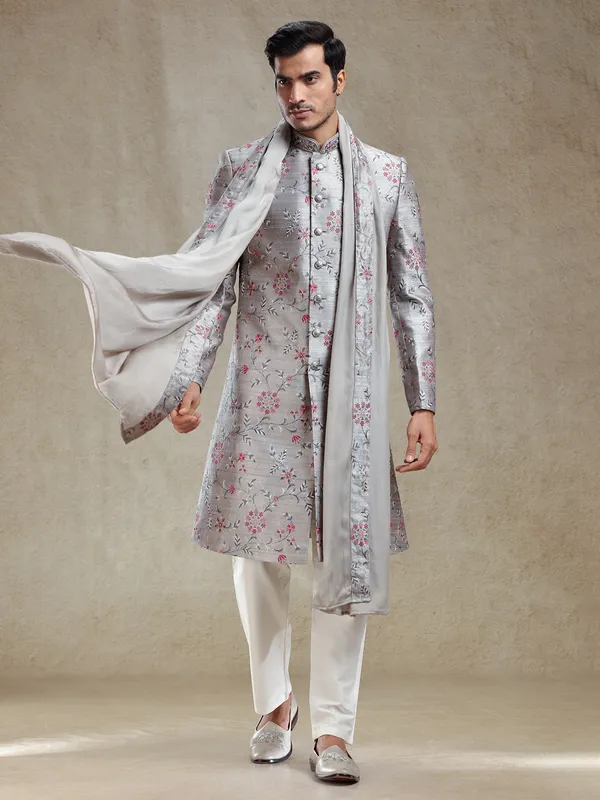 Grey flower embroidery pattern sherwani for wedding