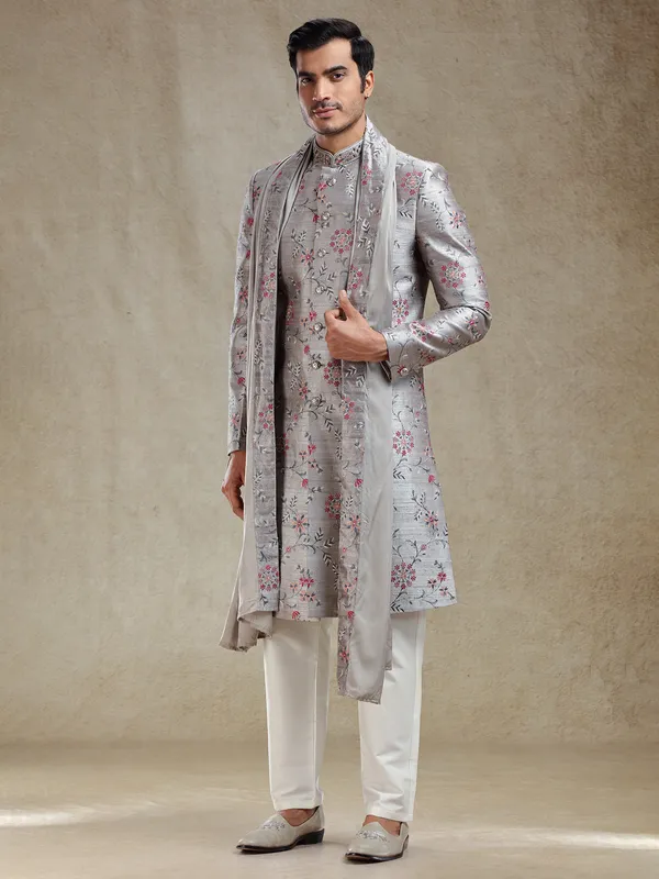 Grey flower embroidery pattern sherwani for wedding