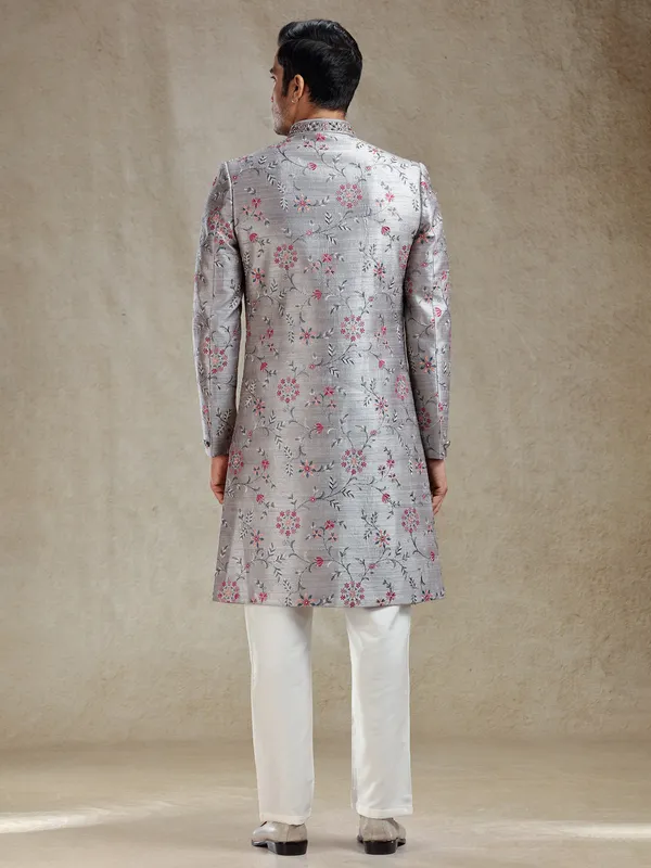 Grey flower embroidery pattern sherwani for wedding