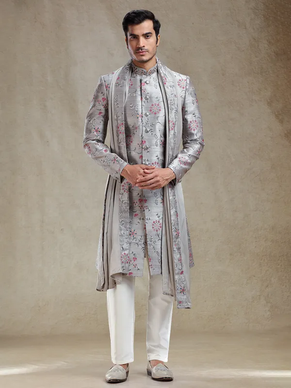 Grey flower embroidery pattern sherwani for wedding