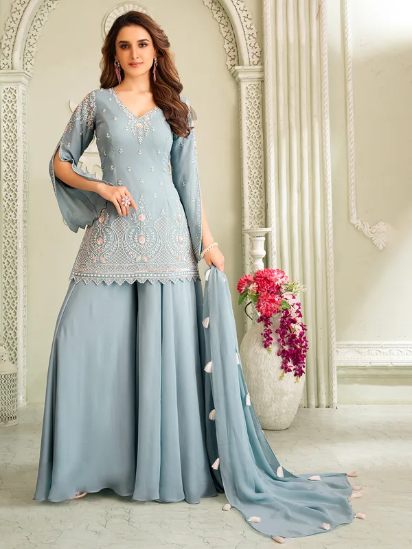 Grey georgette designer palazzo suit with full sleeves