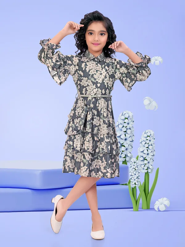Grey georgette floral printed frock