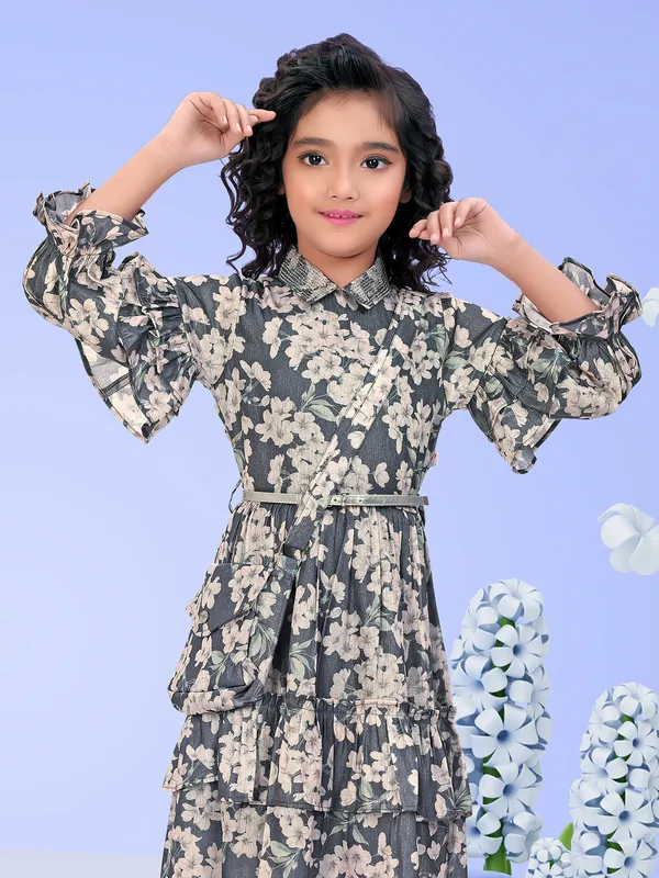 Grey georgette floral printed frock