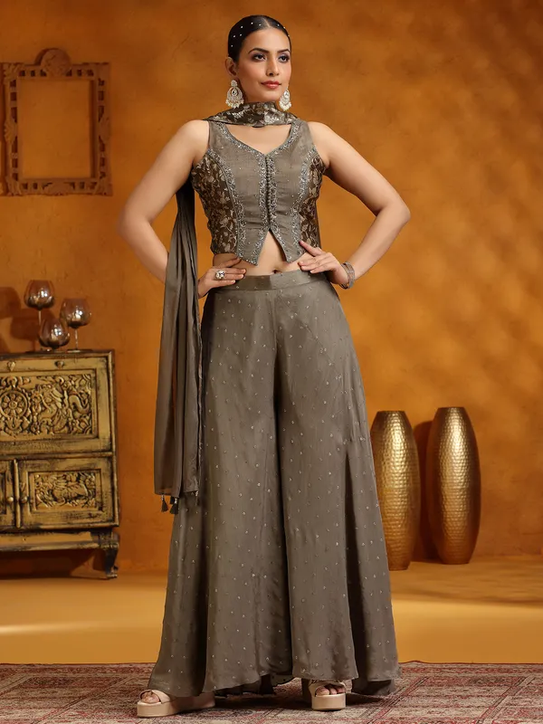 Grey georgette palazzo suit with dupatta for women