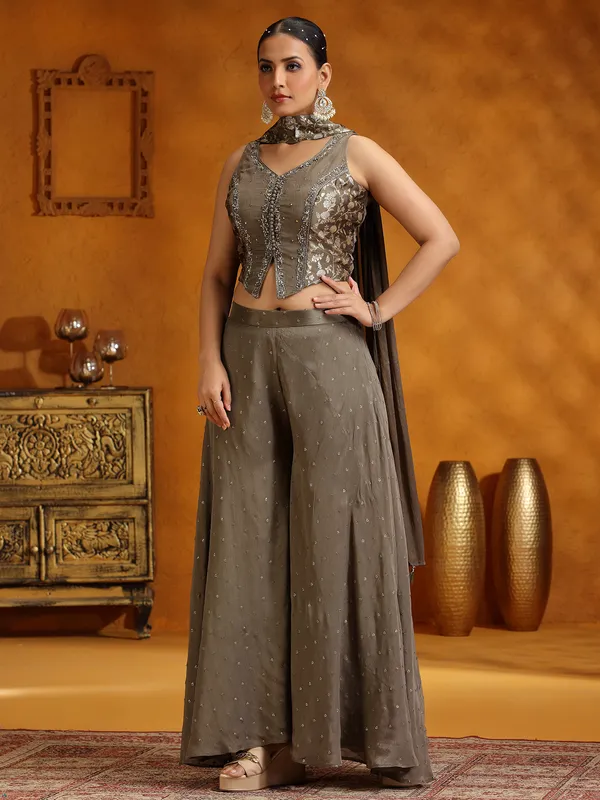 Grey georgette palazzo suit with dupatta for women