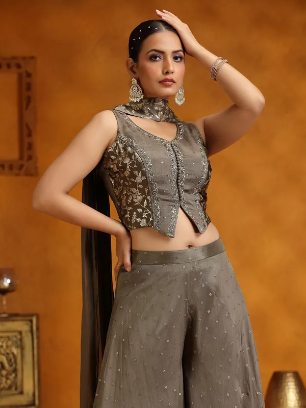 Grey georgette palazzo suit with dupatta for women