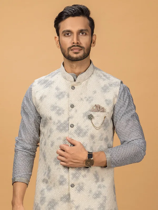 Grey georgette printed waistcoat set