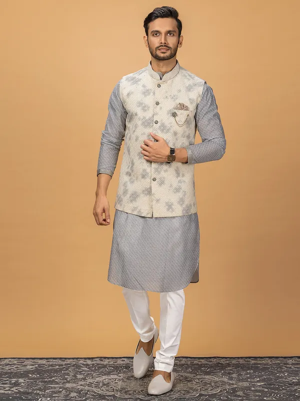Grey georgette printed waistcoat set
