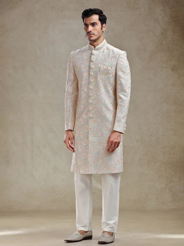Grey indo western set in pastle embroidery