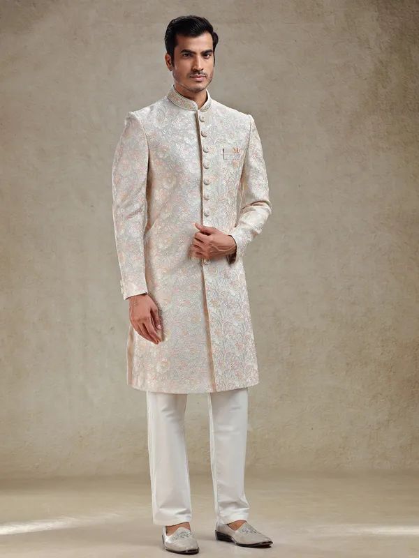 Grey indo western set in pastle embroidery