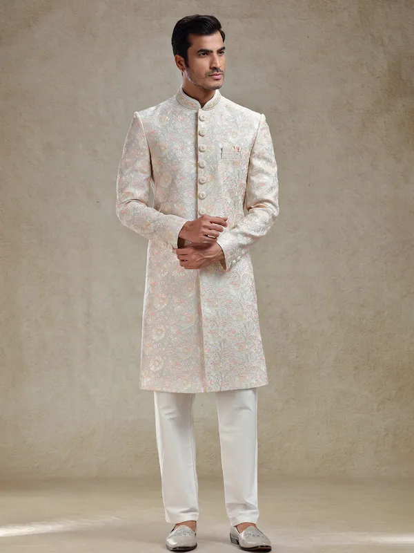 Grey indo western set in pastle embroidery