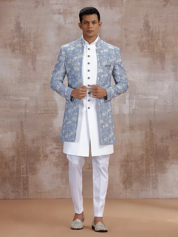 Grey jacket style indo western with embroidery work