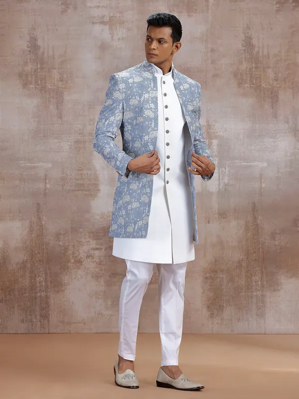 Grey jacket style indo western with embroidery work