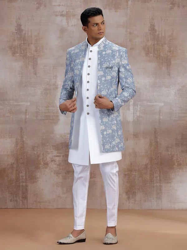 Grey jacket style indo western with embroidery work