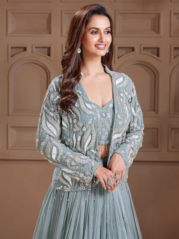 Grey jacket style lehenga choli for party
