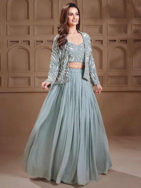 Grey jacket style lehenga choli for party