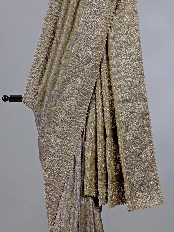 Grey kanjivaram silk saree with zari weaving
