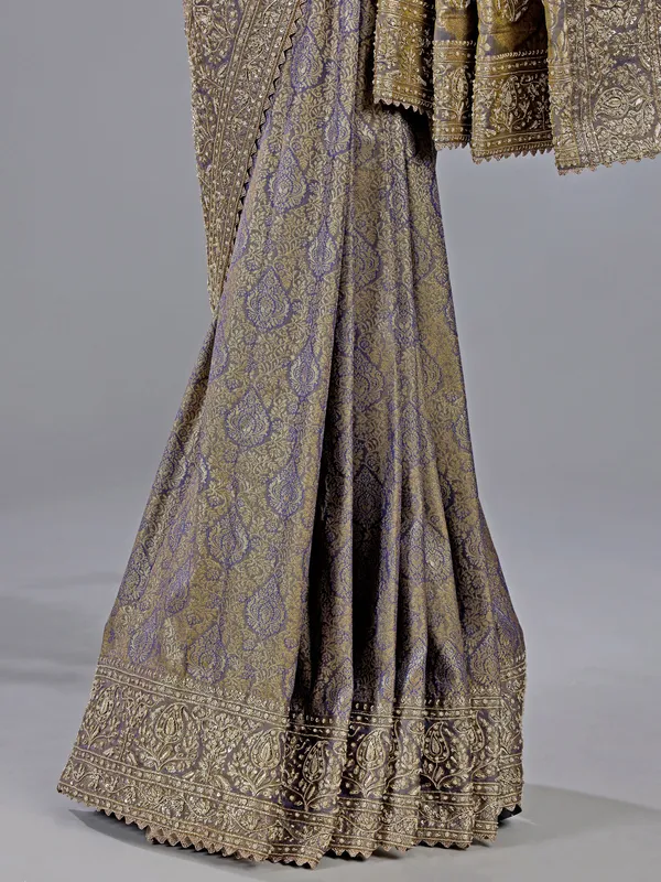Grey kanjivaram silk saree with zari weaving