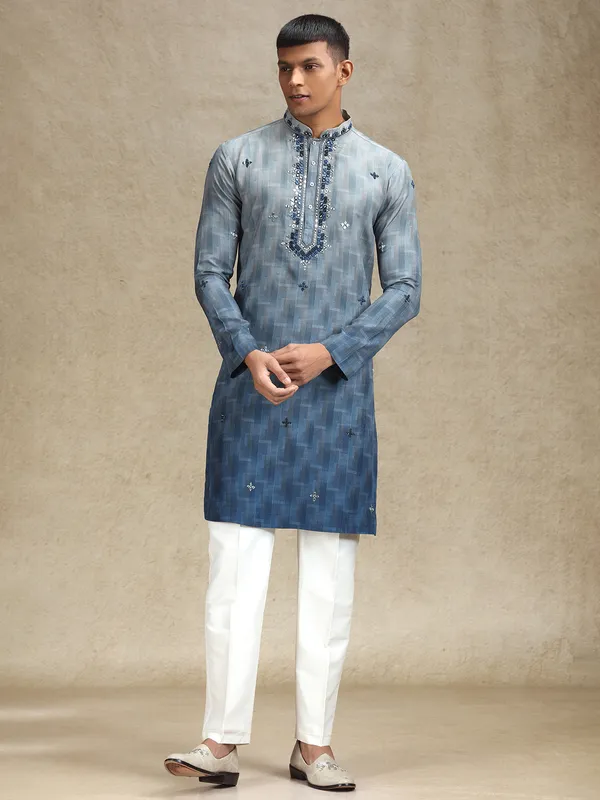 Grey kurta pajama in embroidery and mirror