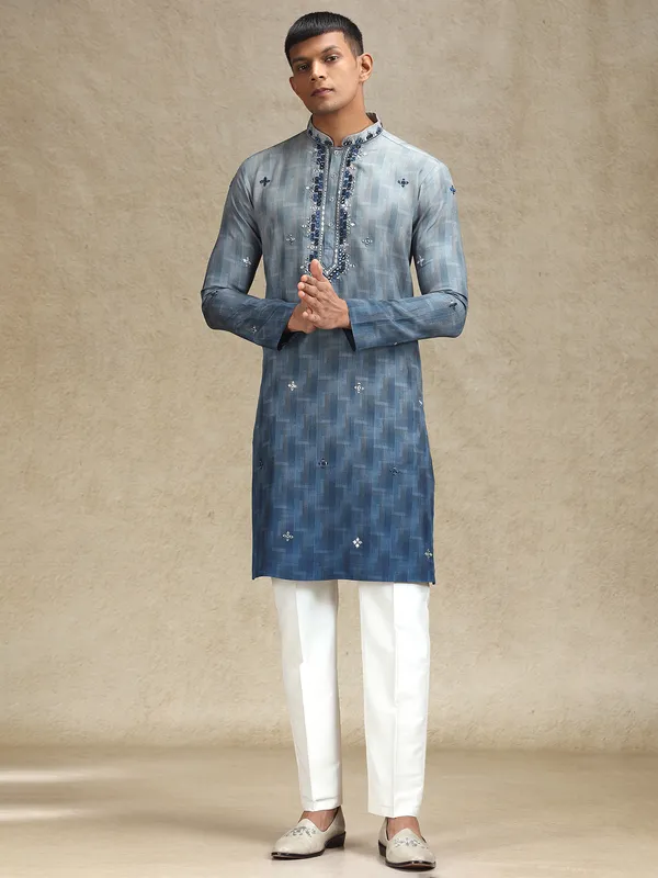 Grey kurta pajama in embroidery and mirror