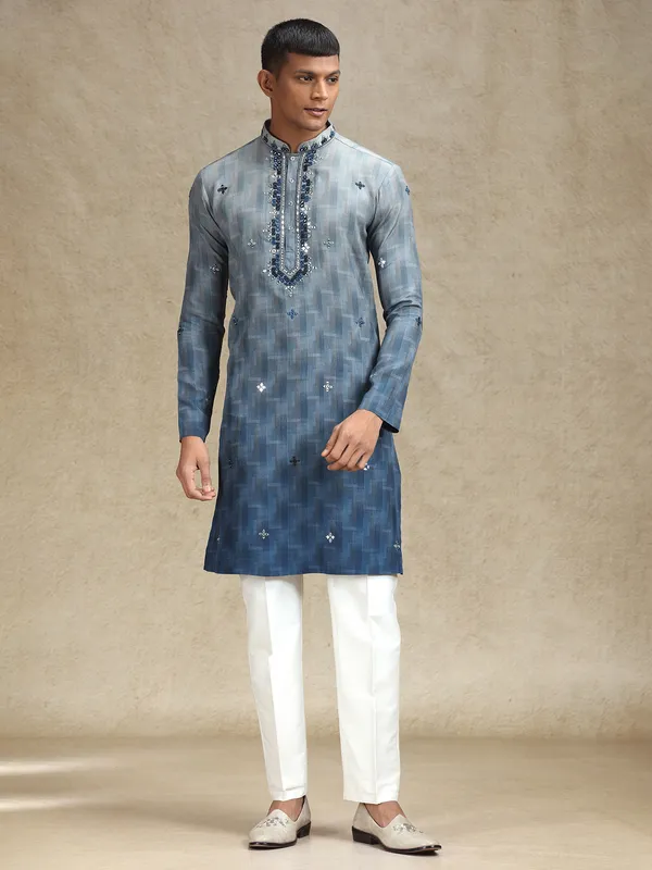 Grey kurta pajama in embroidery and mirror