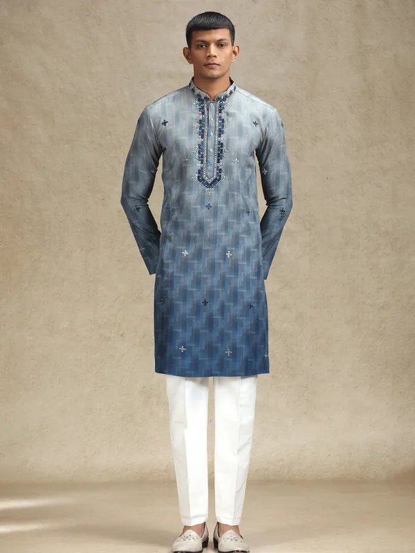 Grey kurta pajama in embroidery and mirror