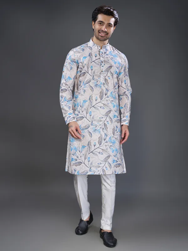 Grey kurta pajama in printed for men