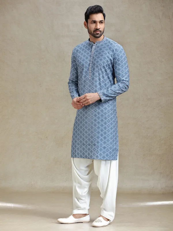 Grey kurta salwar set in symmetrical embroidery