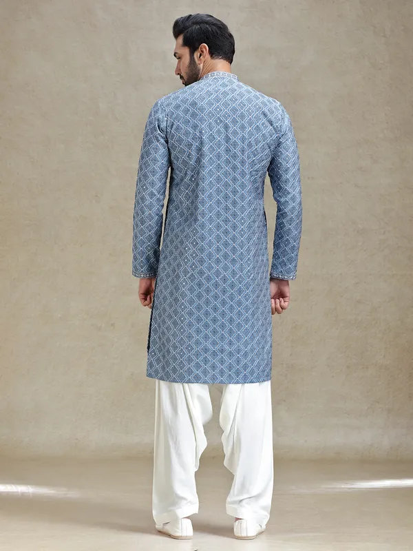 Grey kurta salwar set in symmetrical embroidery