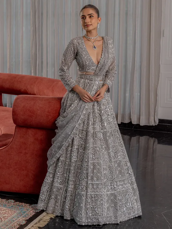 Grey lehenga choli in soft net