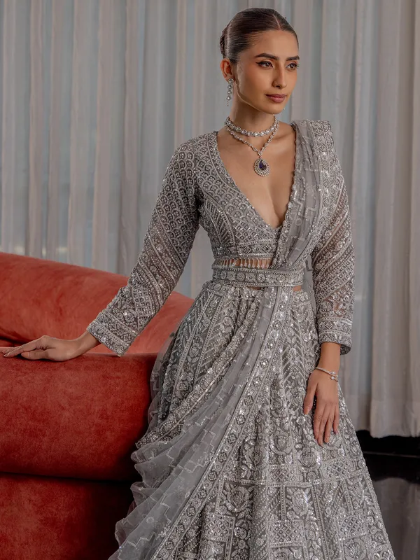 Grey lehenga choli in soft net