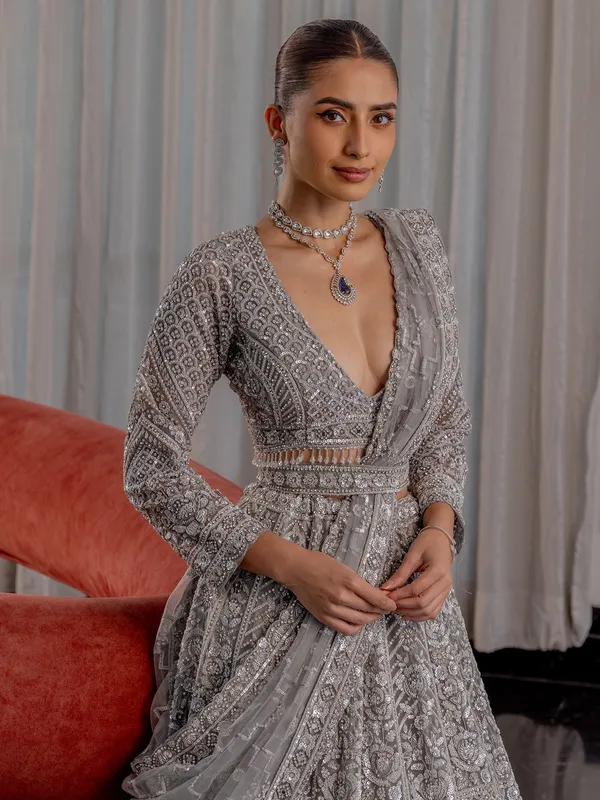 Grey lehenga choli in soft net