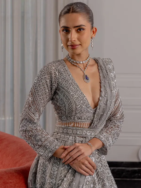 Grey lehenga choli in soft net