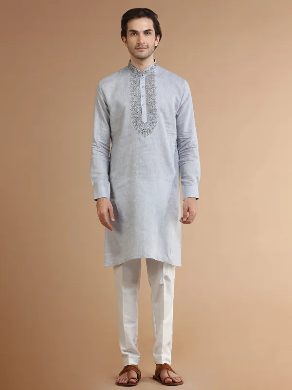 Grey linen festive kurta suit