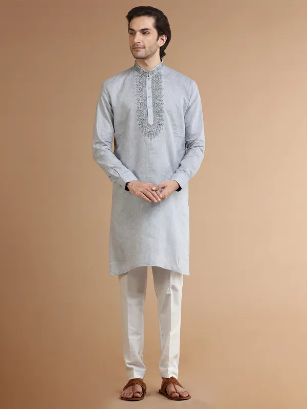 Grey linen festive kurta suit