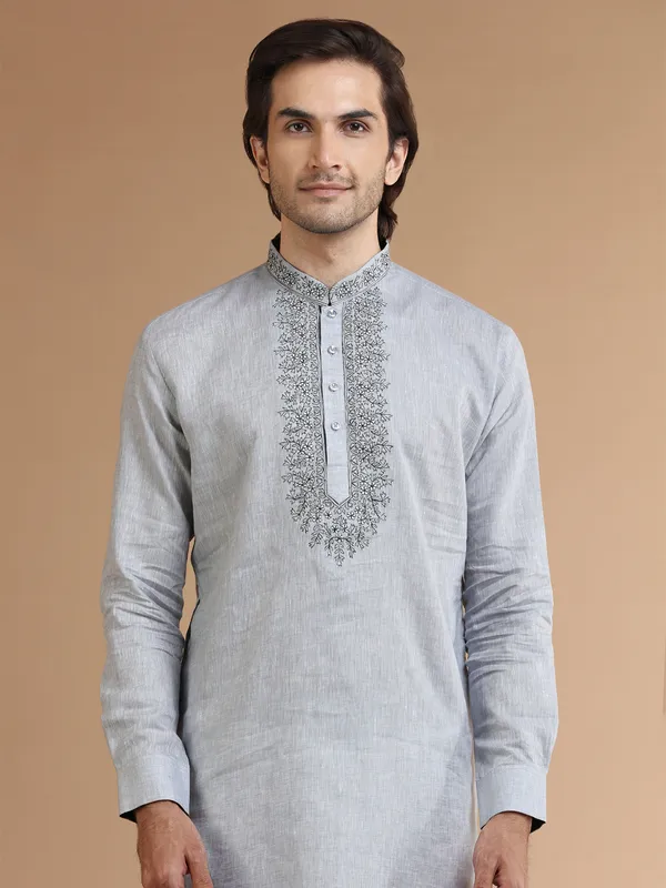 Grey linen festive kurta suit