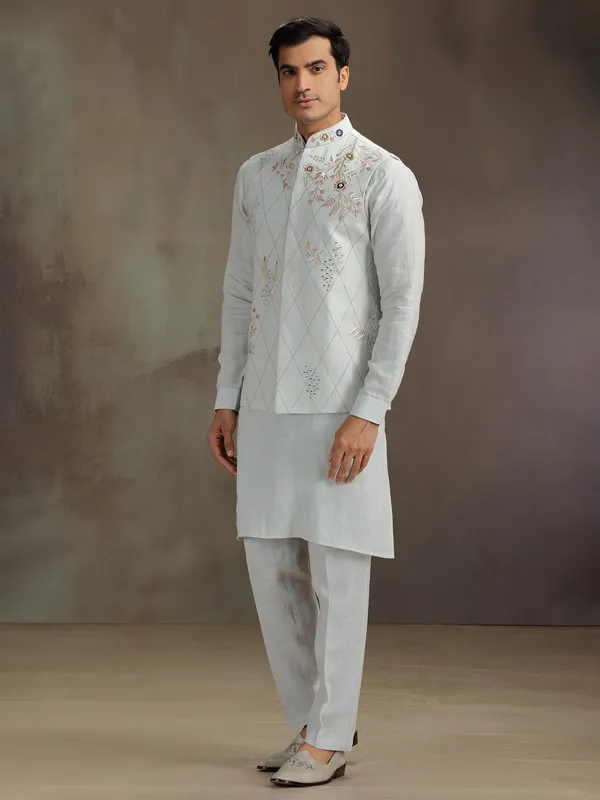 Grey linen men waistcaot set with embroidery