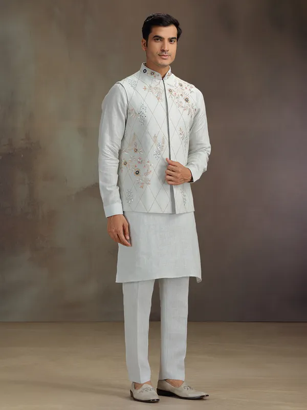 Grey linen men waistcaot set with embroidery