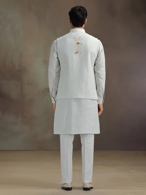 Grey linen men waistcaot set with embroidery