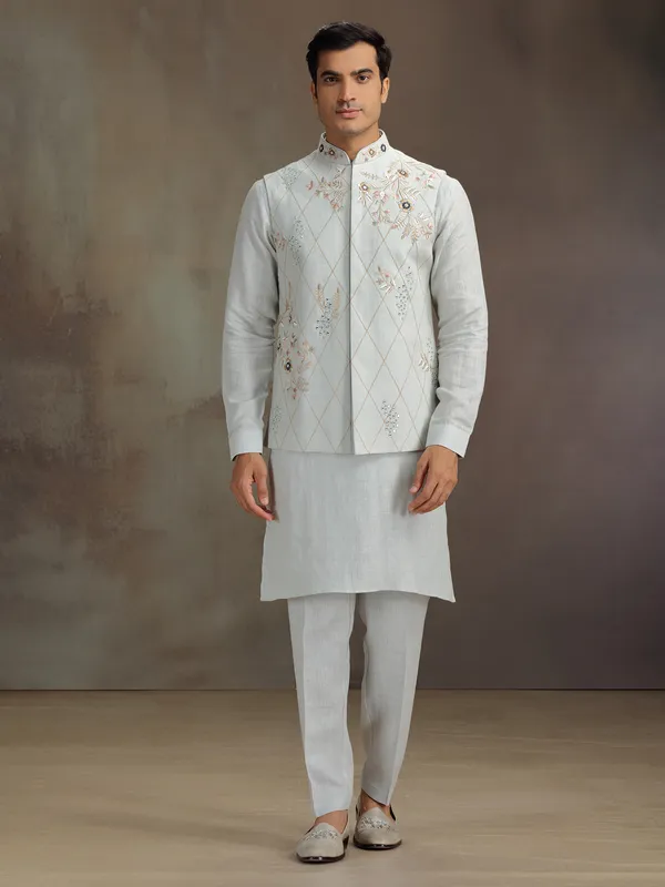 Grey linen men waistcaot set with embroidery