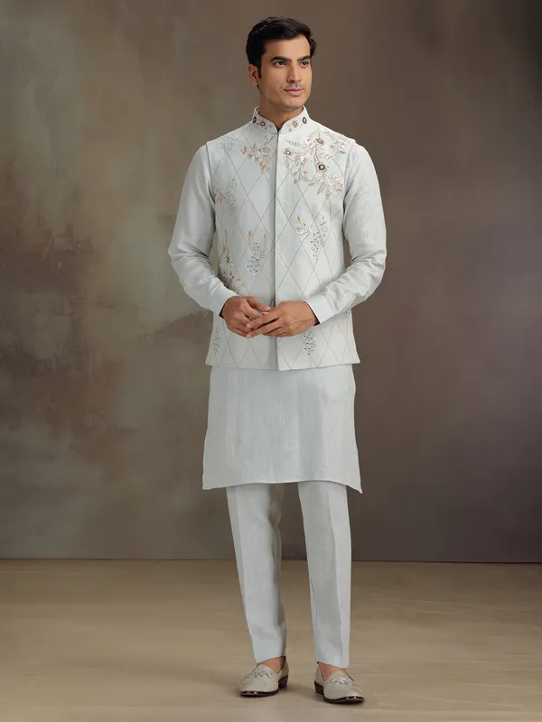 Grey linen men waistcaot set with embroidery