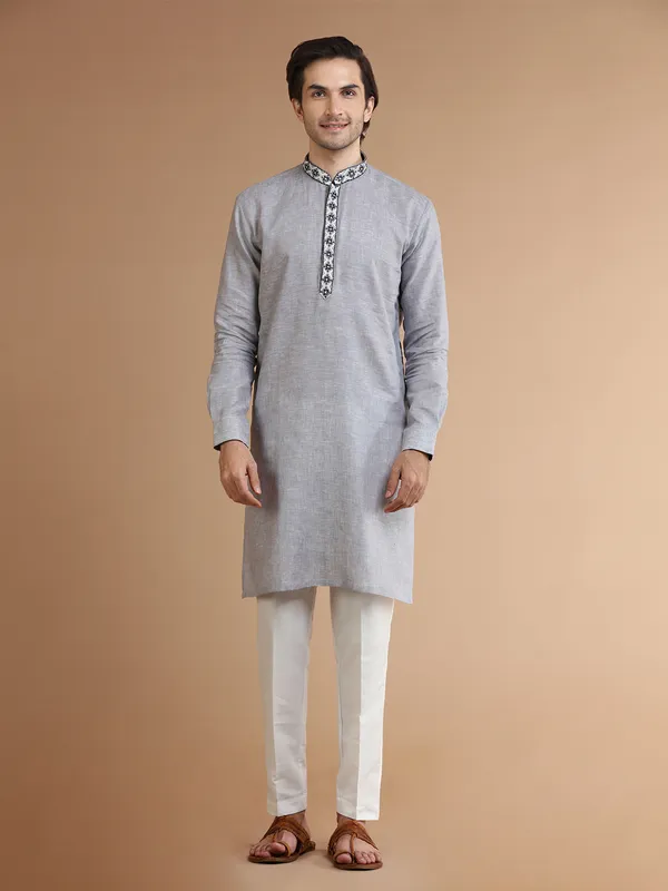 Grey linen plain  Men Kurta pajama