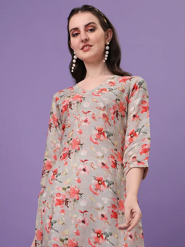 Grey linen printed kurti for casual