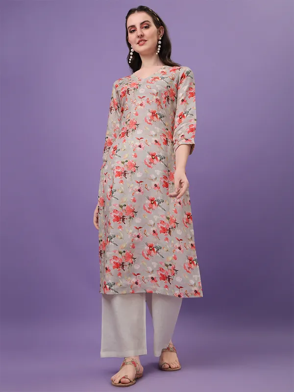 Grey linen printed kurti for casual
