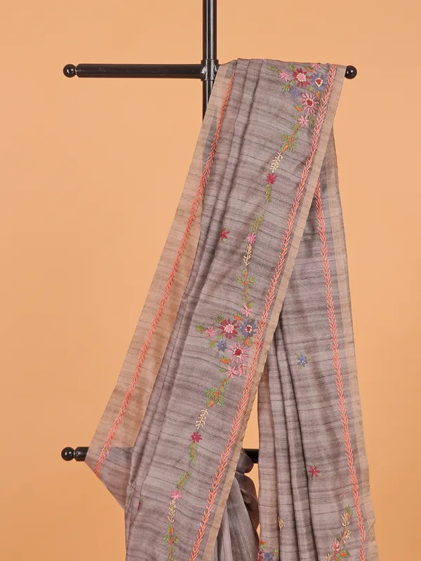 Grey linen printed silk saree for women