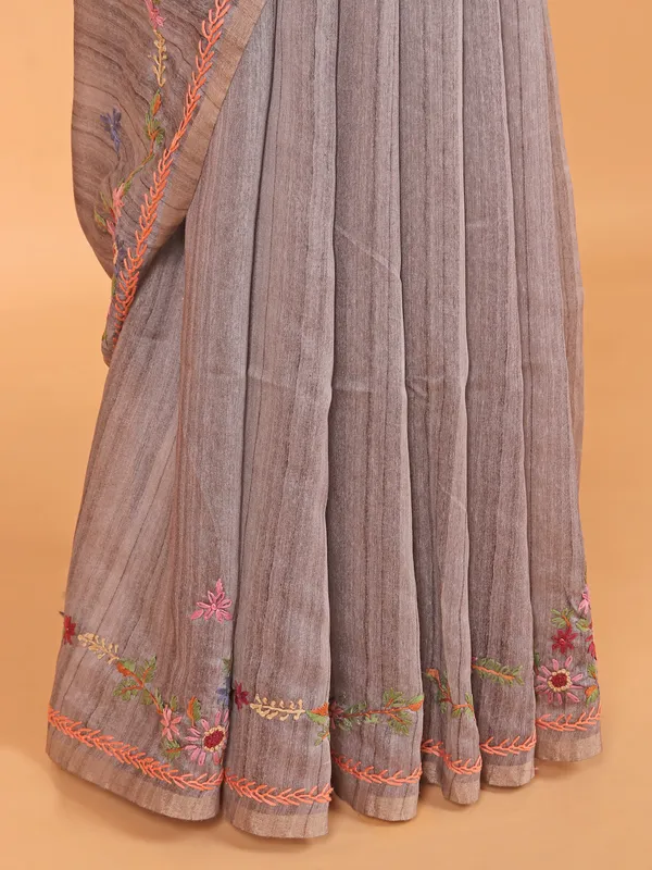 Grey linen printed silk saree for women